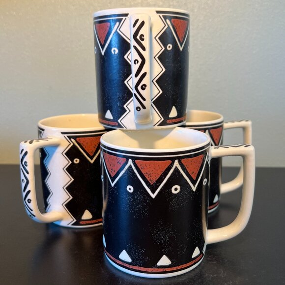 Set of 4 Vintage MIKASA Fashion Plate MOZAMBIQUE Pattern Tribal Art Ceramic Mugs - Picture 1 of 13